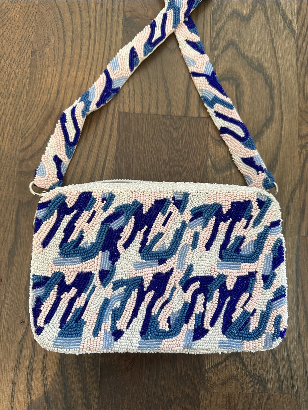 Hand-Beaded Blue & Pink Patterned Shoulder Bag